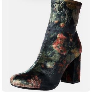 suede velvet floral chunky heel booties